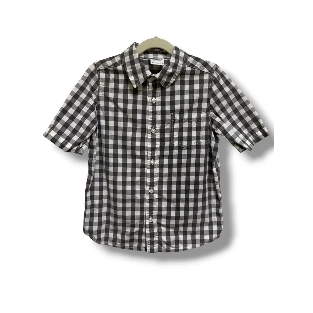 Sonoma Boys Gray White Gingham Button Down Shirt Short Sleeve Size 7X‎